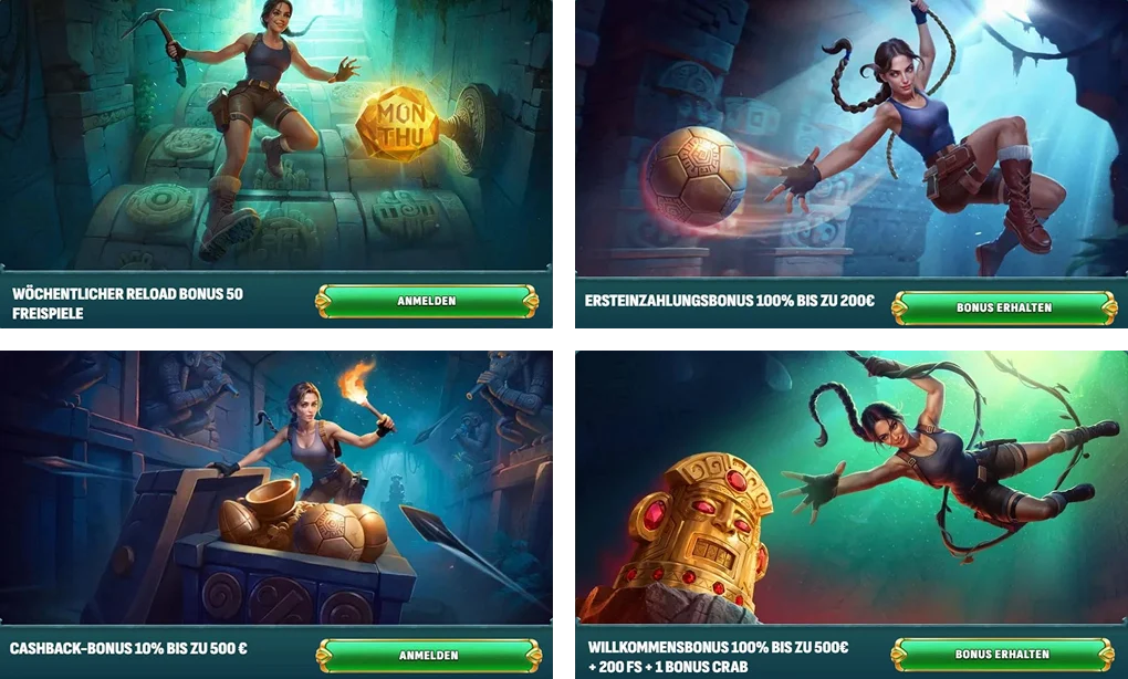 LaraBet Casino Aktionsbanner mit Willkommensbonus, Freispiele, Reload-Bonus und Cashback
